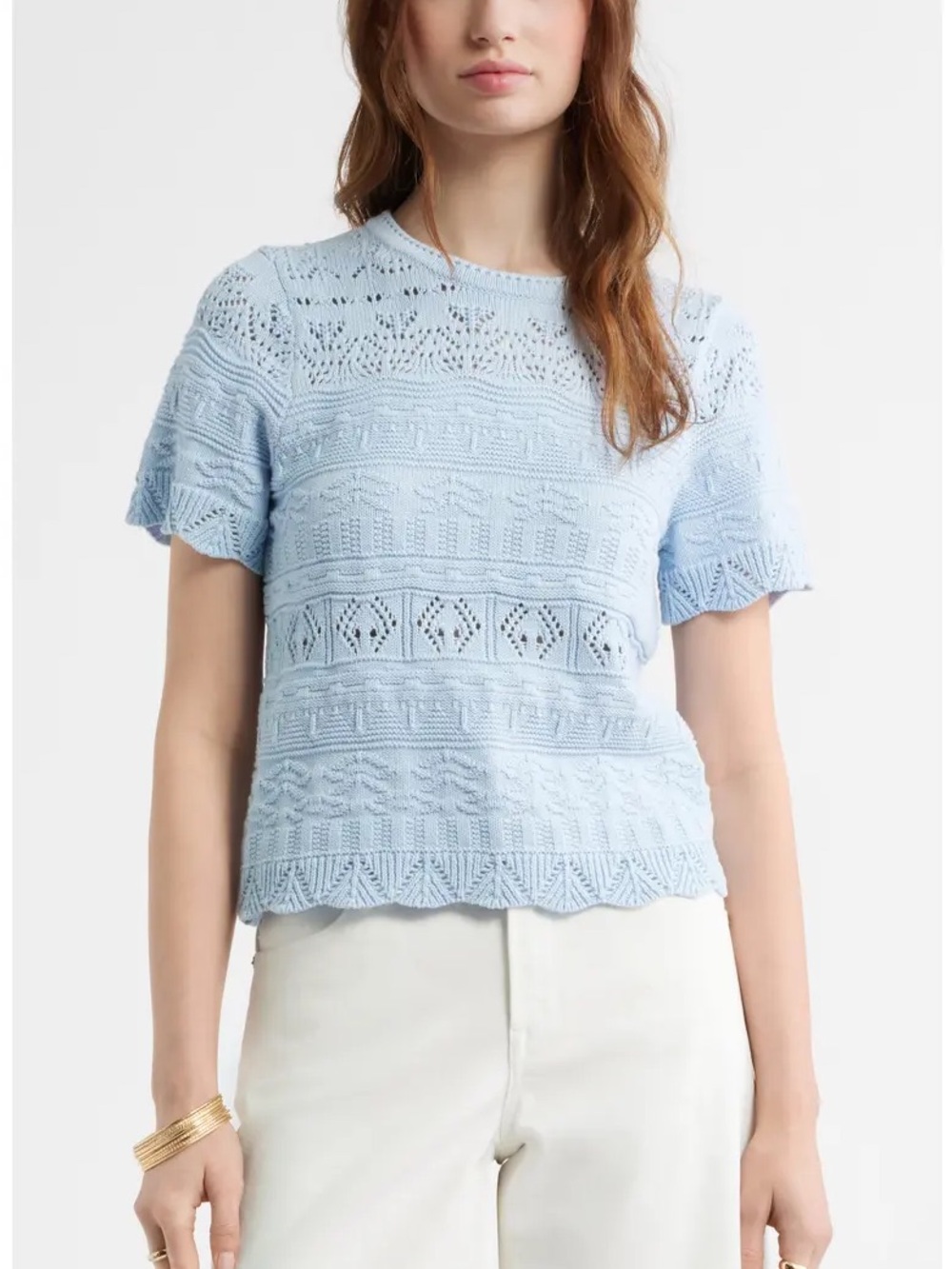 Treasure & Bond $69 Pointelle Cotton Light Blue Knit Short-Sleeve Crochet Top